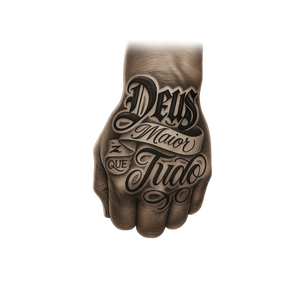 Tatuagem Lettering "Deus é maior que tudo"