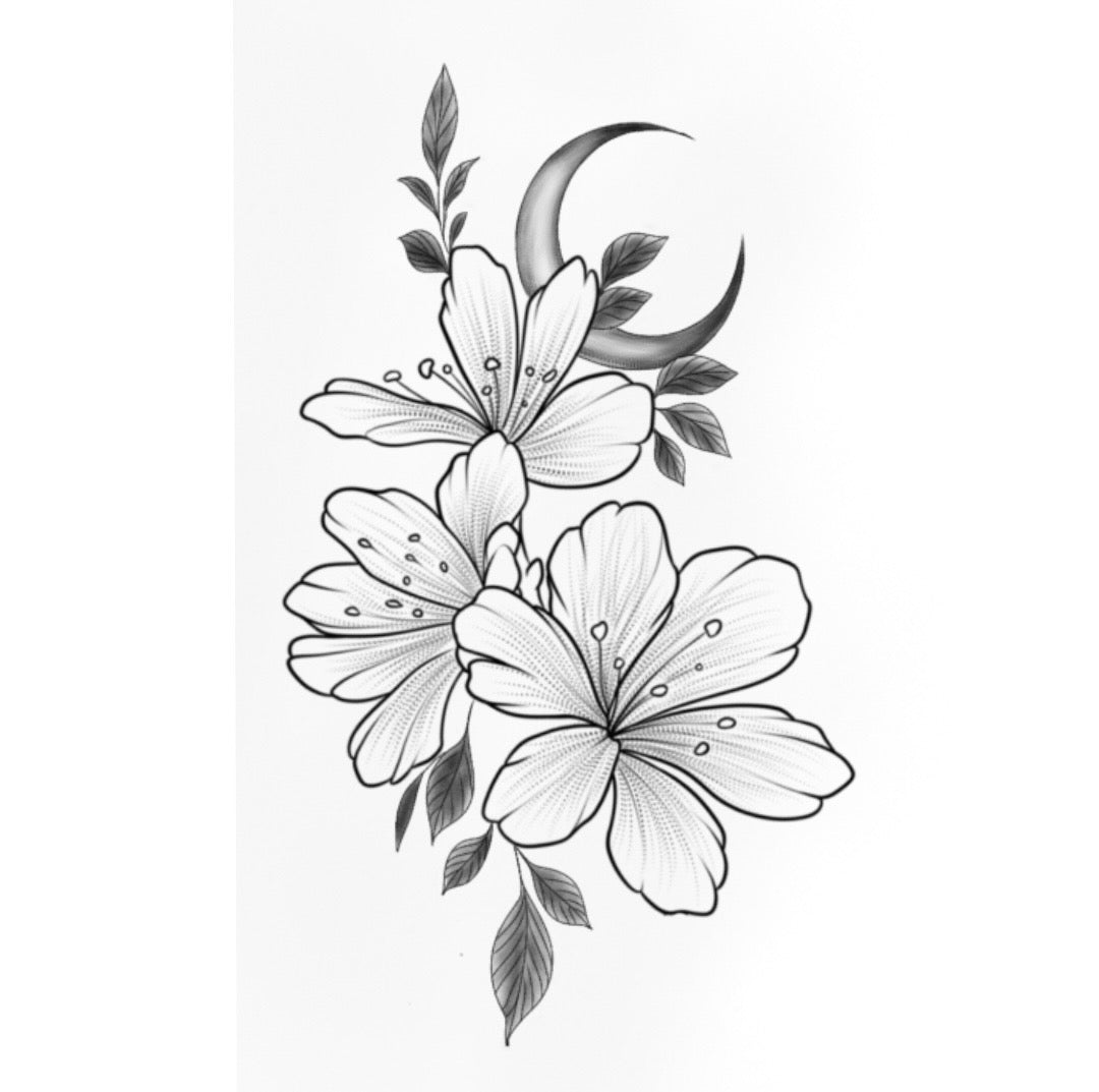 Tatuagem Fine Line Flores e Lua