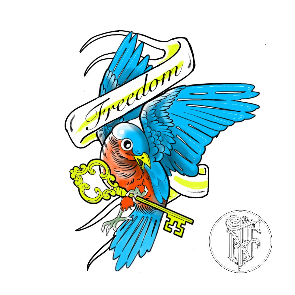 Tatuagem Fine Line Colorida Pássaro da Liberdade