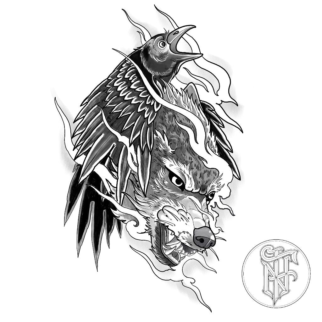 Tatuagem Black Work Lobo e Corvo