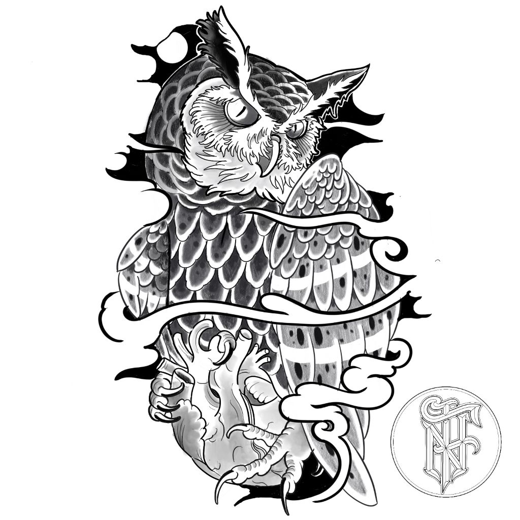 Tatuagem Black Work Coruja e Coração Humano
