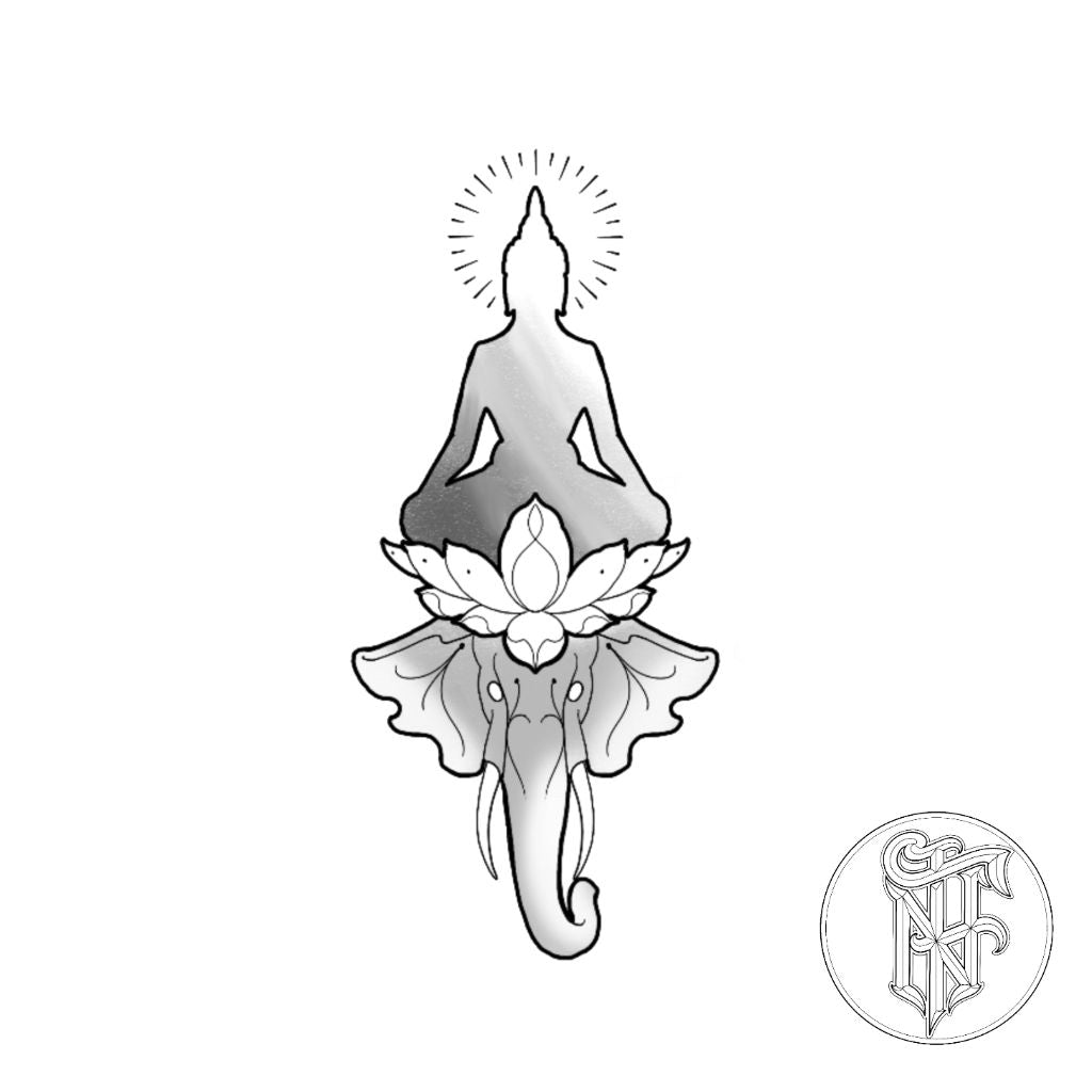 Tatuagem Fine Line Buda e Elefante