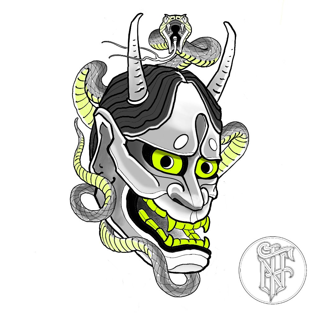 Tatuagem Oriental Hannya com Serpente Colorida