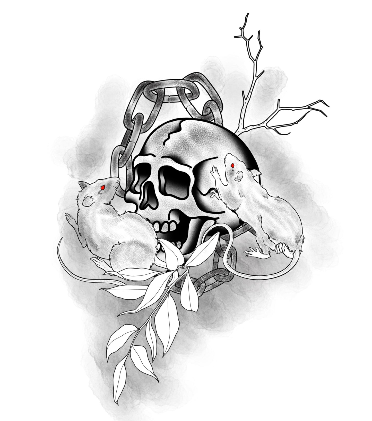 Tatuagem Black Work Caveira e Ratos