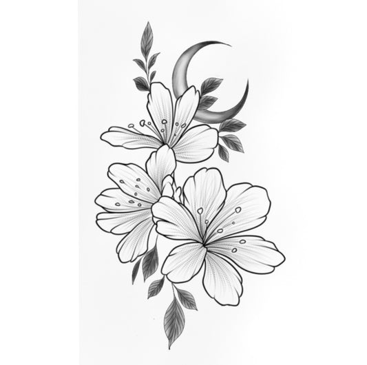 Tatuagem Fine Line Flores e Lua