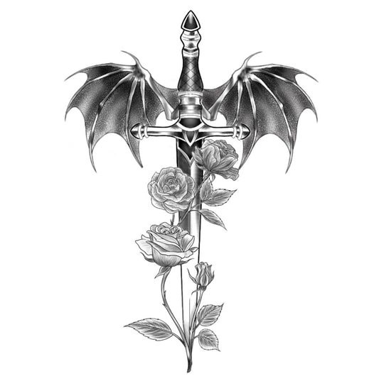 Tatuagem Black Work Espada e Rosas com Asas
