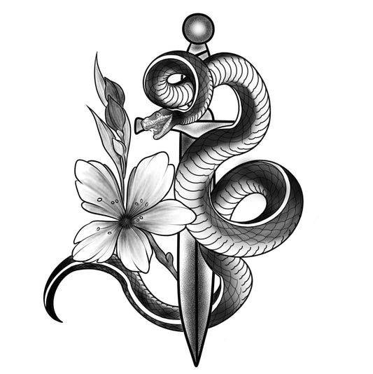 Tatuagem Black Work Cobra com Adaga e Flores