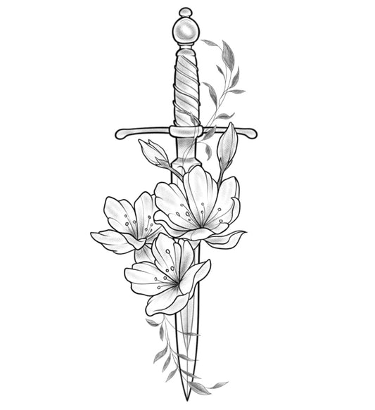 Tatuagem Black Work Espada com Flores