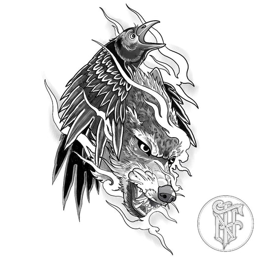 Tatuagem Black Work Lobo e Corvo