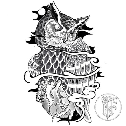 Tatuagem Black Work Coruja e Coração Humano