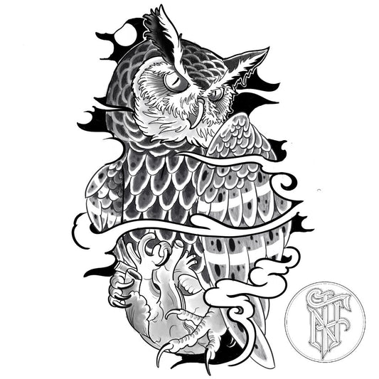 Tatuagem Black Work Coruja e Coração Humano