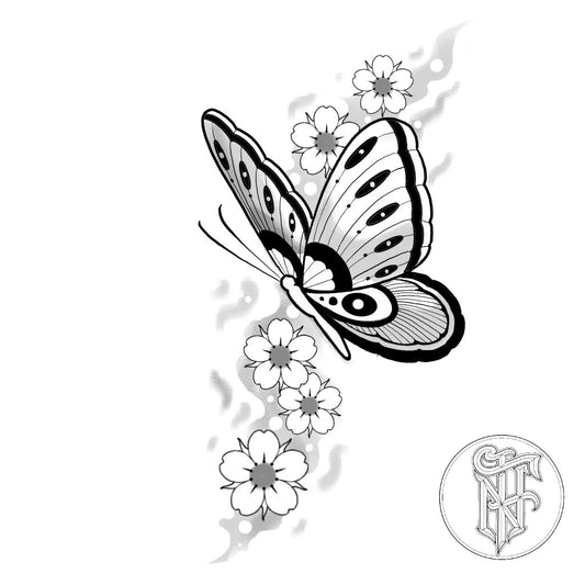 Tatuagem Fine Line Borboleta com Flores de Sakura