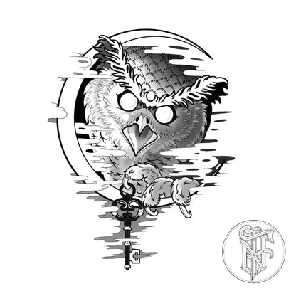 Tatuagem Black Work Coruja e Chave