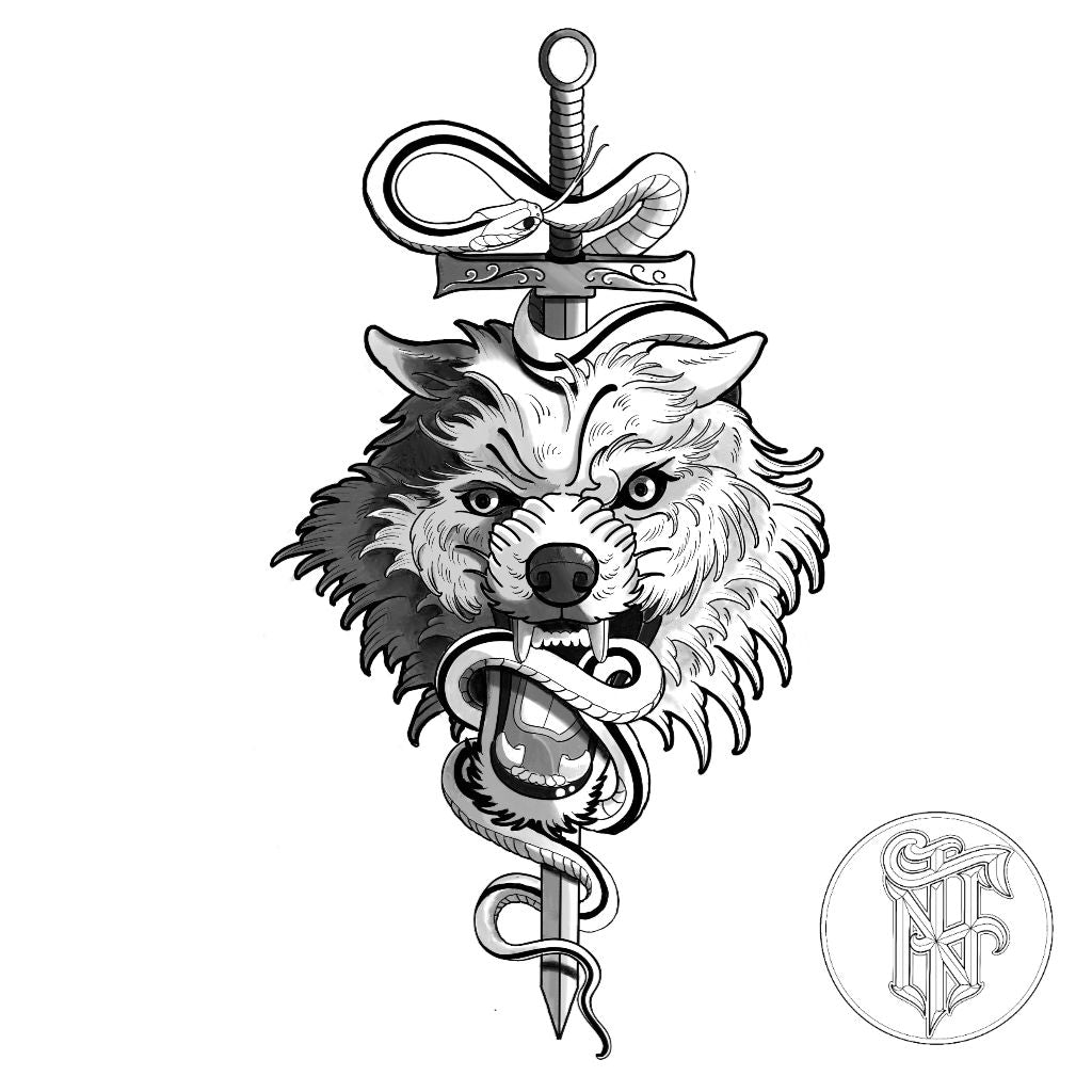 Tatuagem Black Work Lobo e Serpente