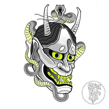 Tatuagem Oriental Hannya com Serpente Colorida