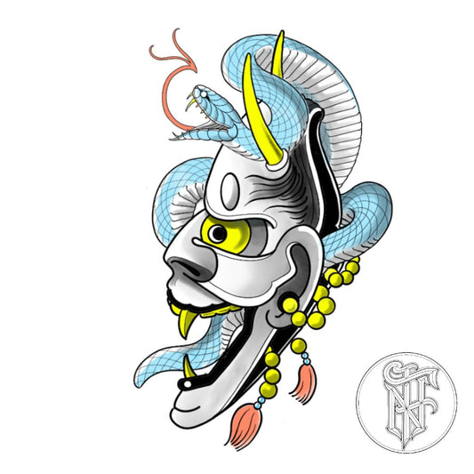 Tatuagem Máscara Hannya e Serpente Colorida